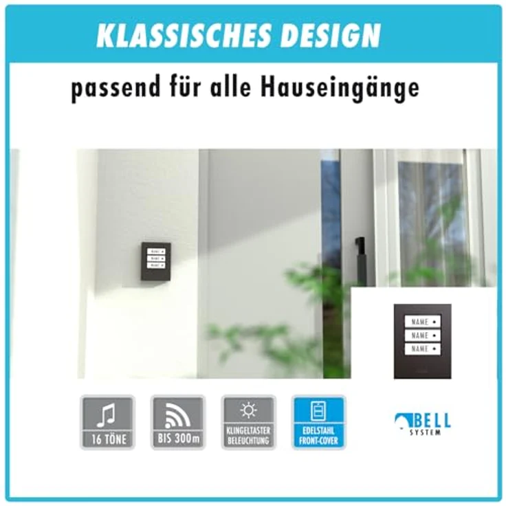 m-e Funkklingel BELL-523 BO, Edelstahl Anthrazit, Erweiterbare kabellose Türklingel mit 300 Meter Reichweite für 3-Familienhaus, Batterie betrieben, 16 Klingeltöne, IP44 spritzwassergeschützt – Bild 4