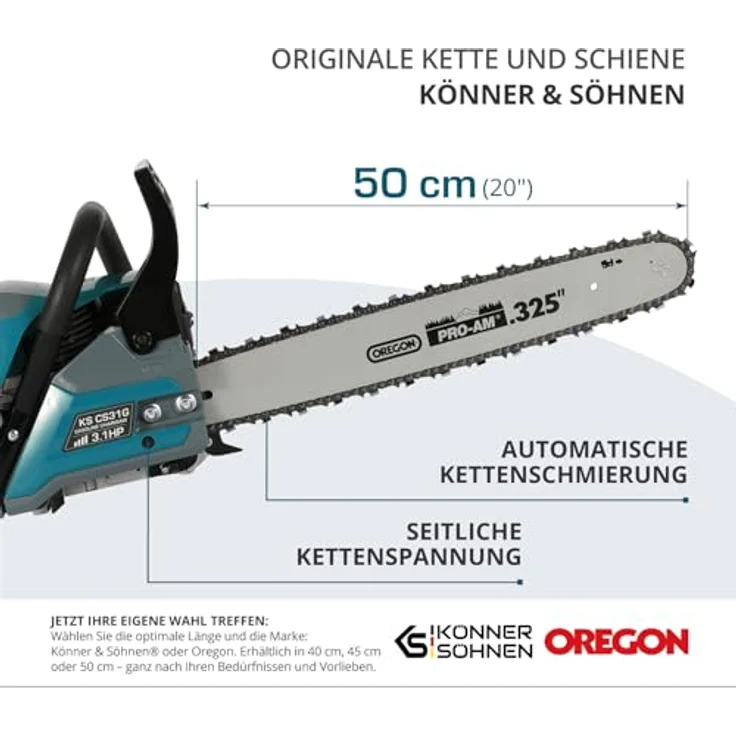 Könner & Söhnen Benzin-Kettensäge KS CS31G-20-1, 2,3 kW, 54,5 cm³, Schwertlänge 50 cm, Easy-Start-System, Anti-Vibrations-Technologie, hohe Sicherheit – Bild 8