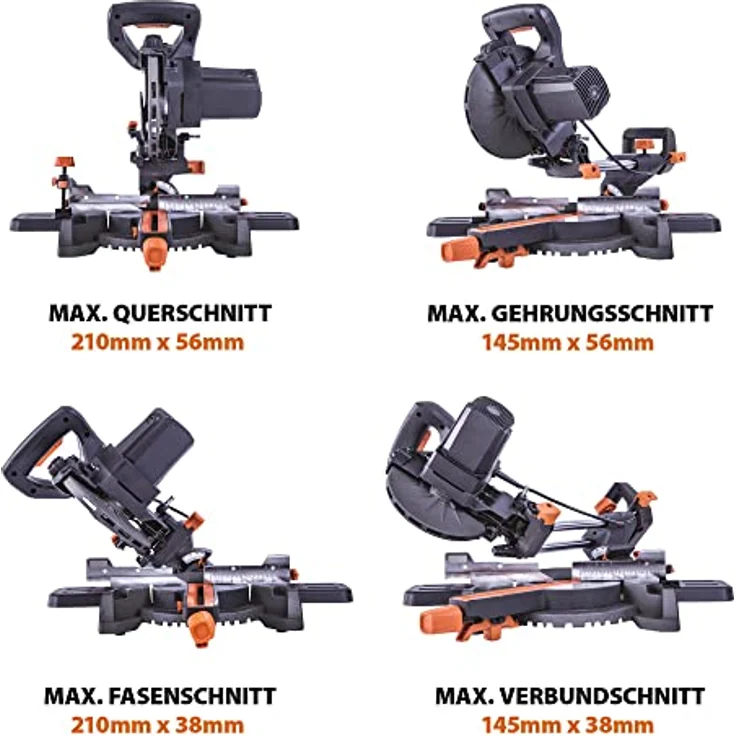 Evolution Power Tools R185SMS+ 185mm Gehrungssäge mit Laserführung, 45° Fase, 50° Gehrung, inkl. Universalblatt – Bild 3