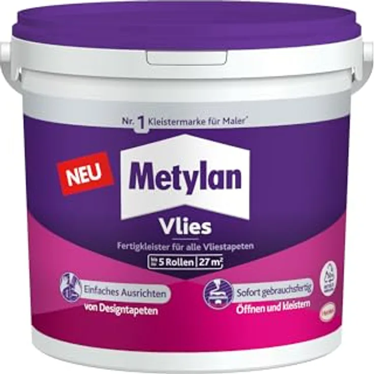 Metylan Vlies Fertigkleister, feuchtigkeitsbeständiger Tapetenkleister für Vliestapeten, gebrauchsfertig, beige, 1x5kg (bis 27m²)