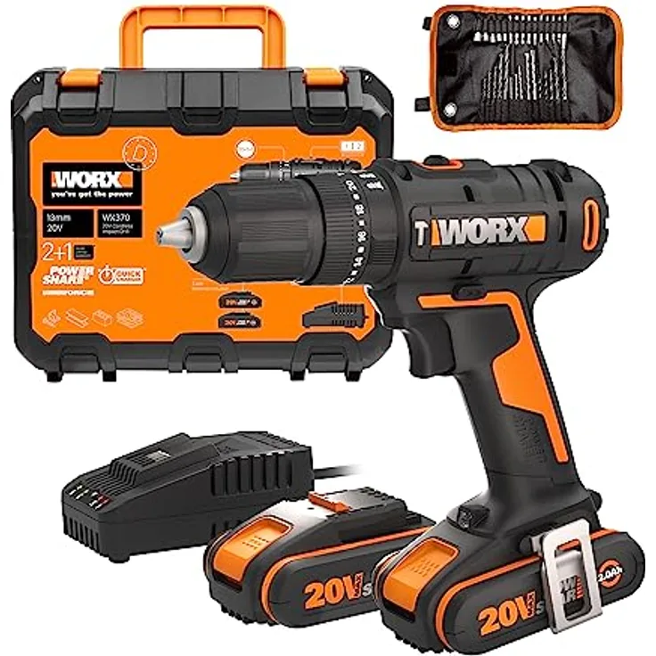 Worx Akku-Schlagbohrschrauber WX370, 20V, max. 1600 U/min, 2-Gang-Getriebe, Bohrstufe + Schlagfunktion, inkl. 2 Akkus & Ladegerät