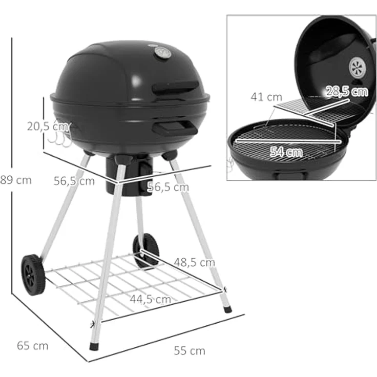 Outsunny Holzkohlegrill, Campinggrill mit Grillrost, Rädern, Ablage, Gartengrill mit Aschefänger, integriertem Thermometer für BBQ Metall Schwarz 55 x 65 x 89 cm – Bild 5