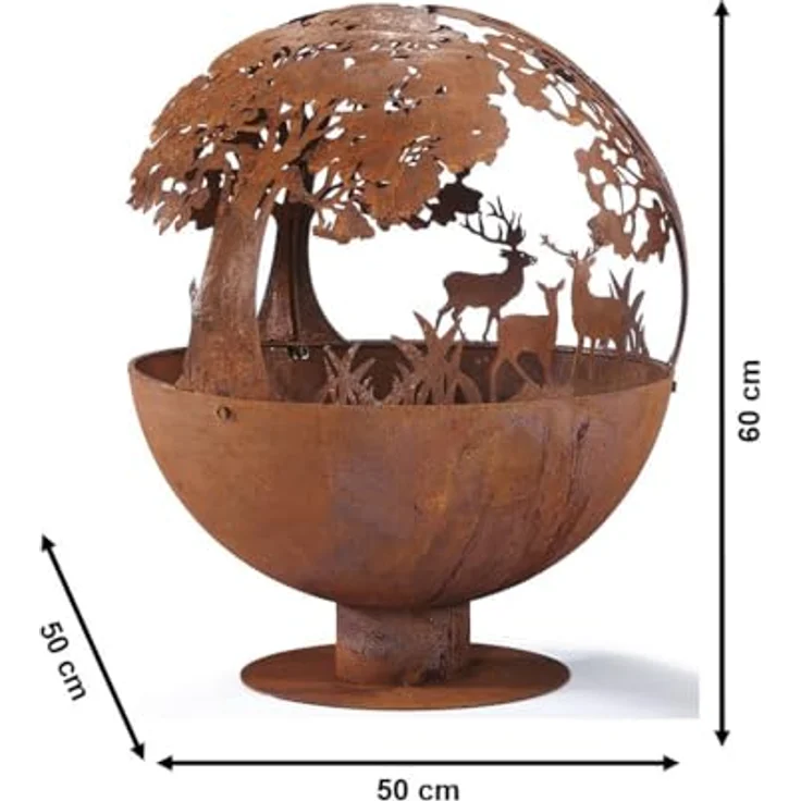 Kobolo Feuerschale Feuerkorb Forest Kugelform rund mit Motiv - Metall Rostoptik, rustikales Design mit Baum- und Hirschmotiv – Bild 5