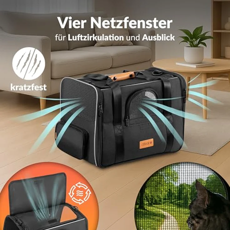 Cadoca Tiertransportbox, faltbare Transporttasche für Hunde und Katzen, anthrazit, mit wendbarem Liegekissen und integriertem Sonnen- und Regenschutz – Bild 3
