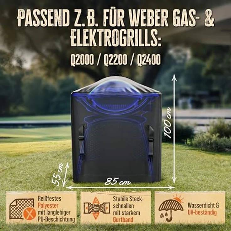 AMZBBQ® Premium Grillabdeckung wetterfest, 100% wasserdicht, UV-beständig, 85 x 100 x 55 cm für Weber Q2000/Q2200/Q2400 – Bild 2