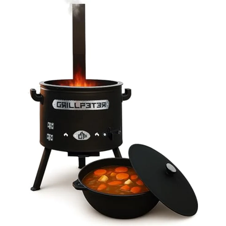 Grillpeter Utschak Asamat Ø45, Holzkohlegrill mit 20L Gusseisen Kazan und Rauchrohr, schwarz – Bild 4