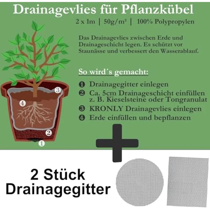 KRONLY Drainagevlies für Blumentöpfe, 2m x 1m, 50g/m² Unkrautvlies mit 2 Drainagegittern, atmungsaktiv und frostsicher – Bild 4
