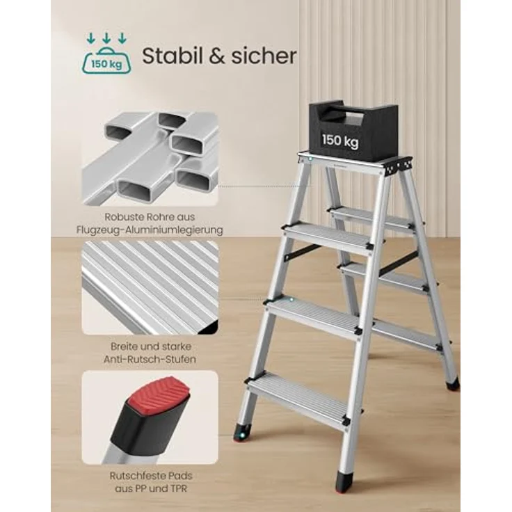 SONGMICS Aluleiter GLT014E01, klappbar mit 4 rutschfesten Stufen, bis 150 kg belastbar, Silbergrau-tintenschwarz – Bild 4