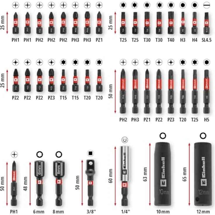 Einhell M-CASE 39-tlg. Impact-Bit- und Stecknuss-Set, schlagfeste Bits und Sechskantnüsse aus S2 Stahl, praktische Aufbewahrungsbox – Bild 10