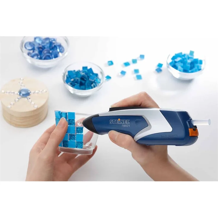 Steinel Neo1 blau Klebepistole, Akku-Heißklebestift, 3,6 V inkl. 3 Klebesticks 7 mm Durchmesser Tropfschutz, Auto-Abschaltung, automatischer Klebstoff-Rückzug – Bild 4