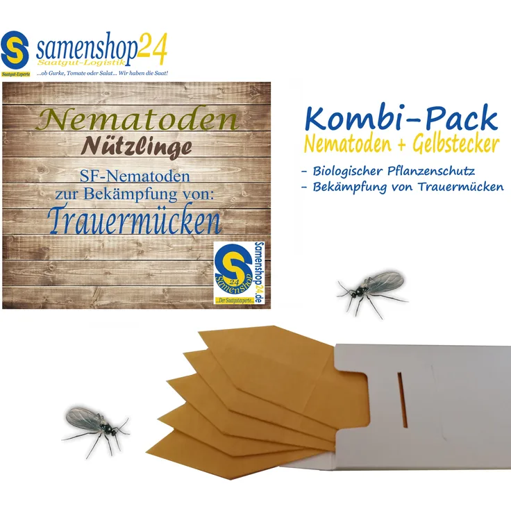 Samenshop24 SF-Nematoden, Inhalt: 10 Mio. + 10 Gelbstecker, Fadenwürmer für ca. 20m², 15 Kübel oder 100 kleine Topfpflanzen, Trauermückenbekämpfung, Kombi-Pack