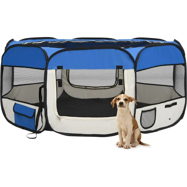 vidaXL Faltbarer Welpenlaufstall mit Tragetasche Blau 145x145x61 cm