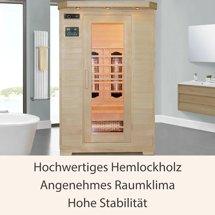 Artsauna Infrarotkabine Oslo – Vollspektrum Infrarotsauna für 2 Personen – LED-Farblicht, digitale Steuerung – 120 x 100 cm – Hemlock-Holz – Bild 3