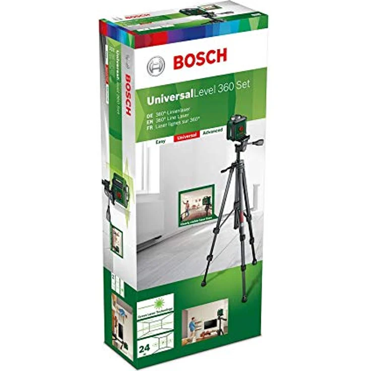 Bosch Kreuzlinienlaser UniversalLevel 360 (Stativ, grüner Laser, Arbeitsbereich: bis zu 24 m, Genauigkeit: ± 0,4 mm-m, selbstnivellierend: bis ± 4°, 4x AA-Batterien, im Karton) – Bild 2