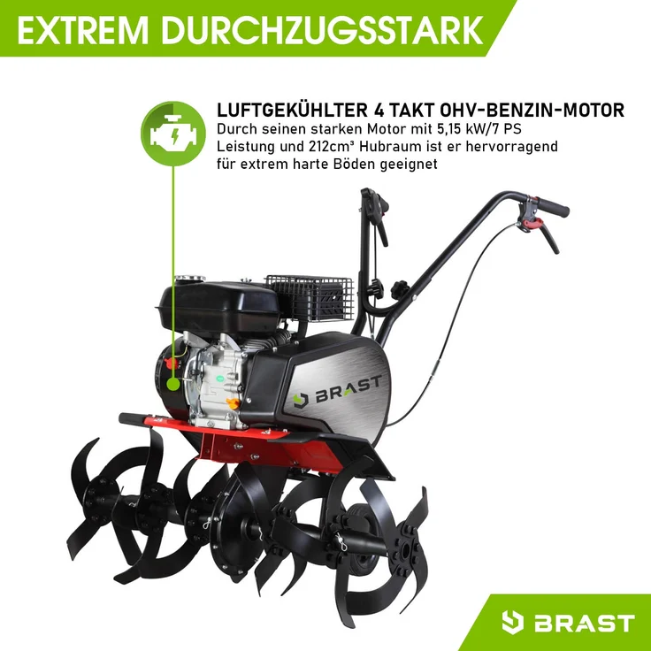 BRAST Motorhacke Benzin Gartenfräse 5,15kW (7PS) Selbstantrieb 33, 62 oder 85cm Arbeitsbreite 212ccm TÜV geprüft - Preisvergleich – Bild 4