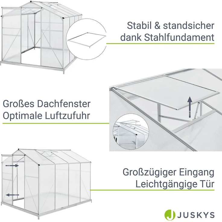 Juskys Aluminium Gewächshaus mit Fundament für Garten 4,75 qm 190 × 253 cm 1 Dachfenster und Schiebetür 4 mm Platten Juskys grau/silber Stahl – Bild 4
