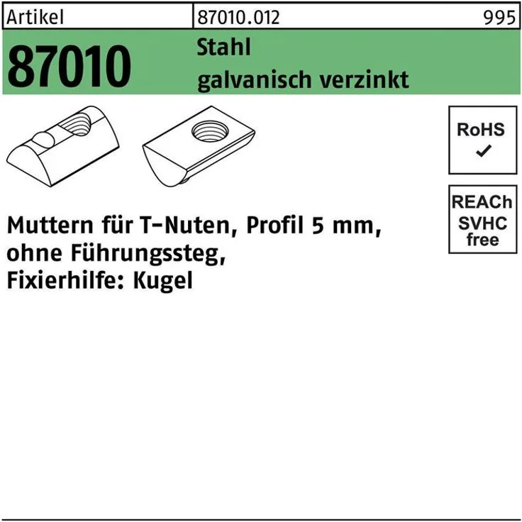 DIVERSE T-Nutenmutter R 87010 o.Führungssteg 5mm M 5 Stahl galvanisch verzinkt