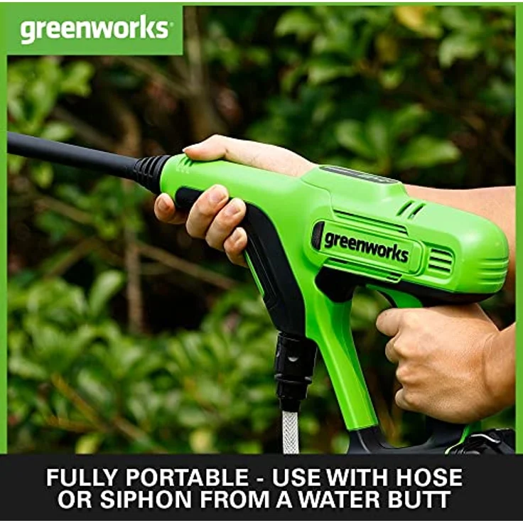 Greenworks Akku-Druckreiniger G24PWK4 (Li-Ion 24V 300 Watt Motorleistung 24 bar Druck 180 l/h Durchflussmenge 5-Fach Düse 6m Schlauch mit 4Ah Akku und Ladegerät) – Bild 2