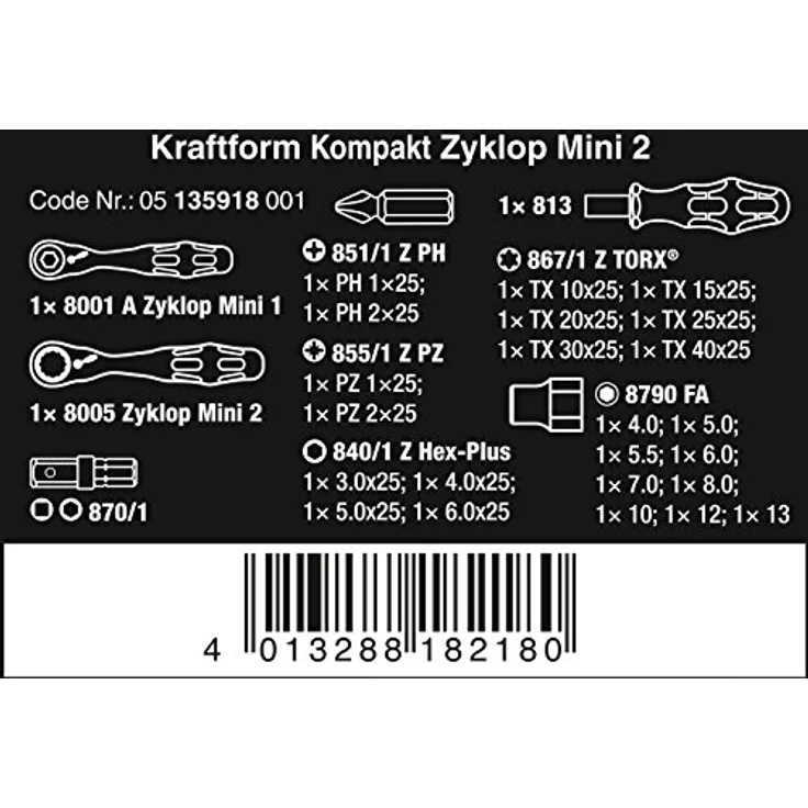 Wera 05135918001 Kraftform Kompakt Zyklop Mini 2 Bit-Ratschen-Satz, Schwarz, Chrom, Grün, 27 Stück – Bild 2