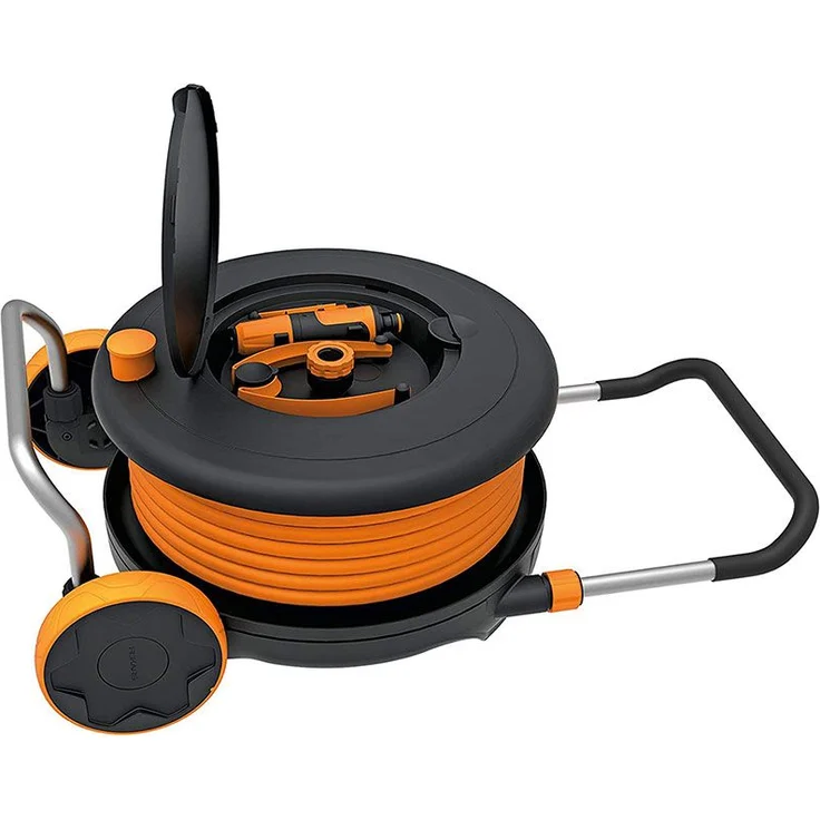 Fiskars Waterwheel M mit 20 m Schlauch (1023643) Zubehörfach mit Zubehör freite Platzierung 360° Drehung Schlauchwagen – Bild 6