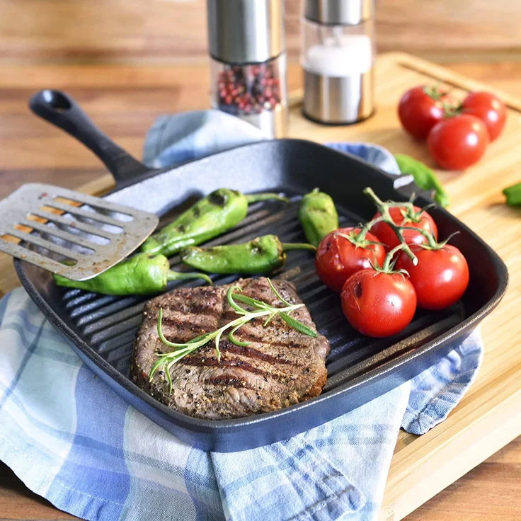 Malvi Bratpfanne 22,5 cm Gusseisen eckig geriffelt voreingebrannt 22,5x5x22,5cm schwarz – Bild 3