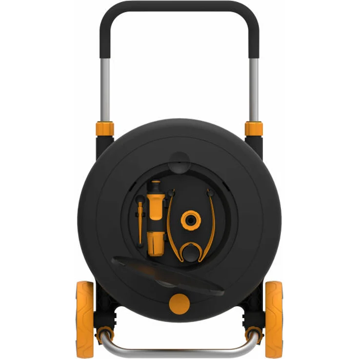 Fiskars Waterwheel M mit 20 m Schlauch (1023643) Zubehörfach mit Zubehör freite Platzierung 360° Drehung Schlauchwagen – Bild 4