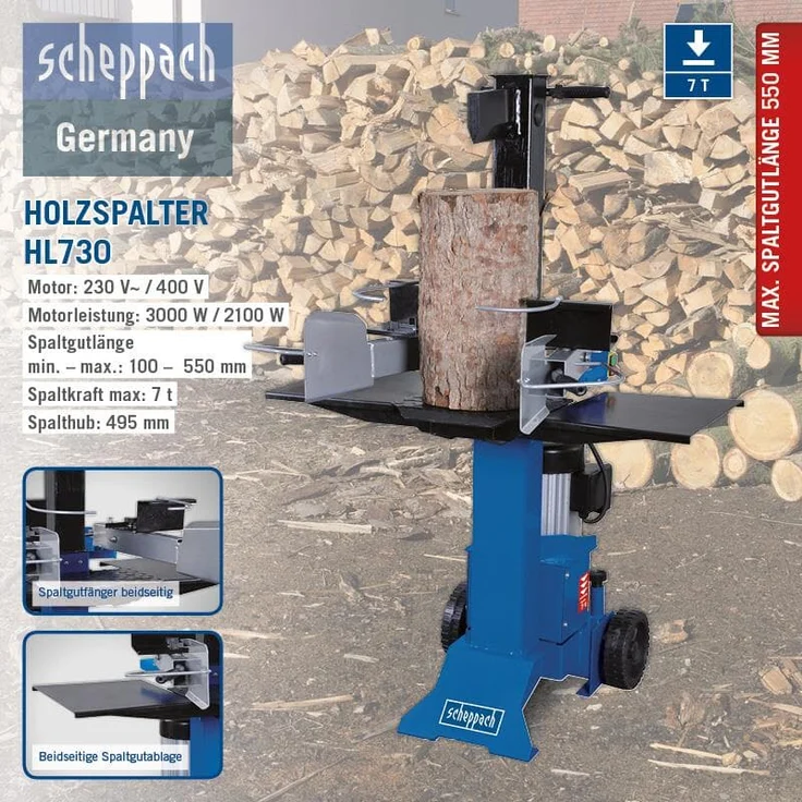 Scheppach Hydraulikspalter HL730 Holzspalter bis zu 495 mm, 7 Tonnen Spaltkraft 7t, 3 KW Brennholzspalter 230V – Bild 5