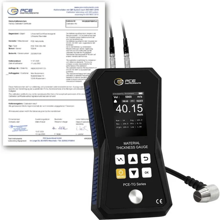 PCE Instruments Materialdickenmessgerät PCE-TG 75A-ICA, ISO-zertifiziert, bis 225 mm, 5MHz Sensor Ø10mm, integrierter Datenspeicher