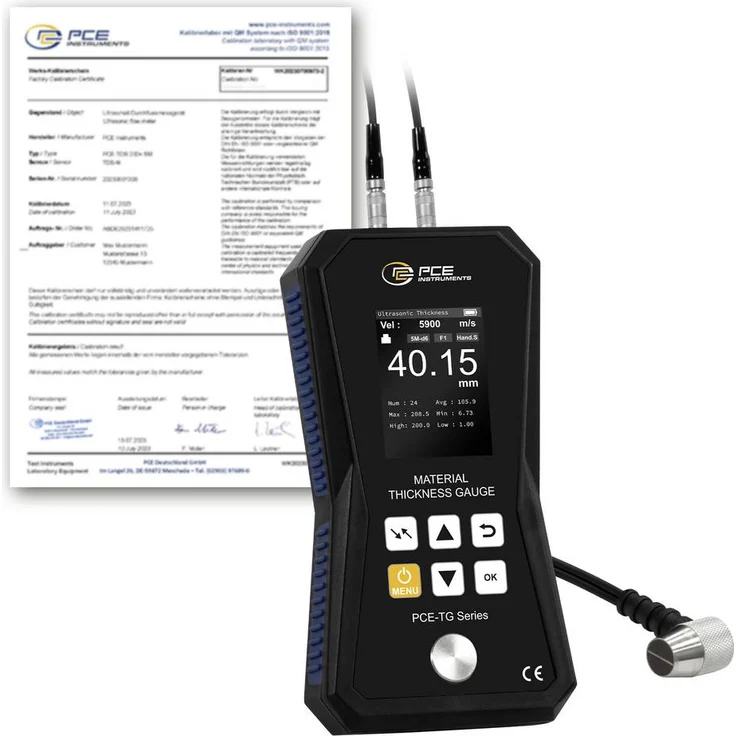 PCE Instruments Materialdickenmessgerät PCE-TG 75A-ICA, ISO-zertifiziert, bis 225 mm, 5MHz Sensor Ø10mm, integrierter Datenspeicher
