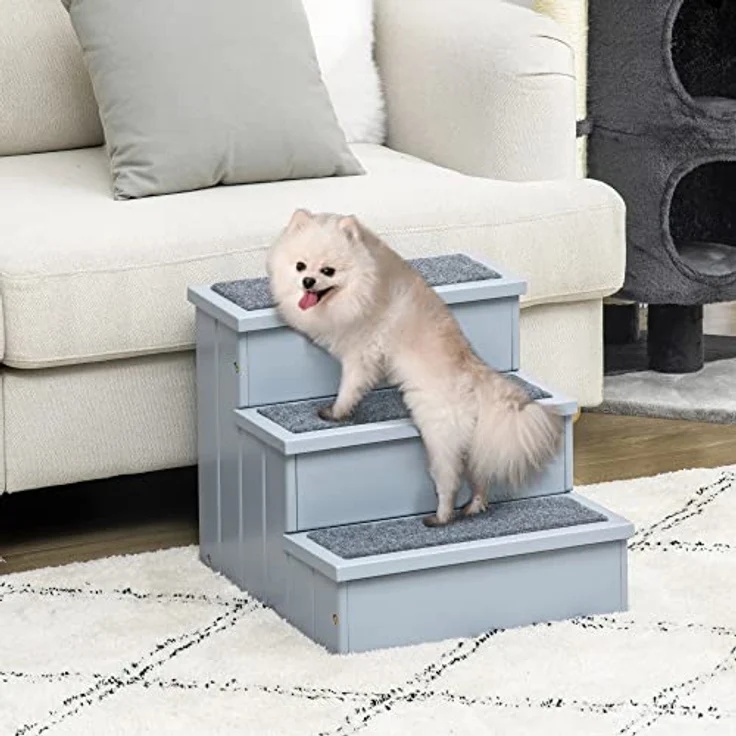 PawHut Haustiertreppe Hundetreppe 3 Stufen Einstiegshilfe mit Teppich Stauraum für Katzen und Hunde Tannenholz Grau 40,5 x 44,5 x 38 cm – Bild 2