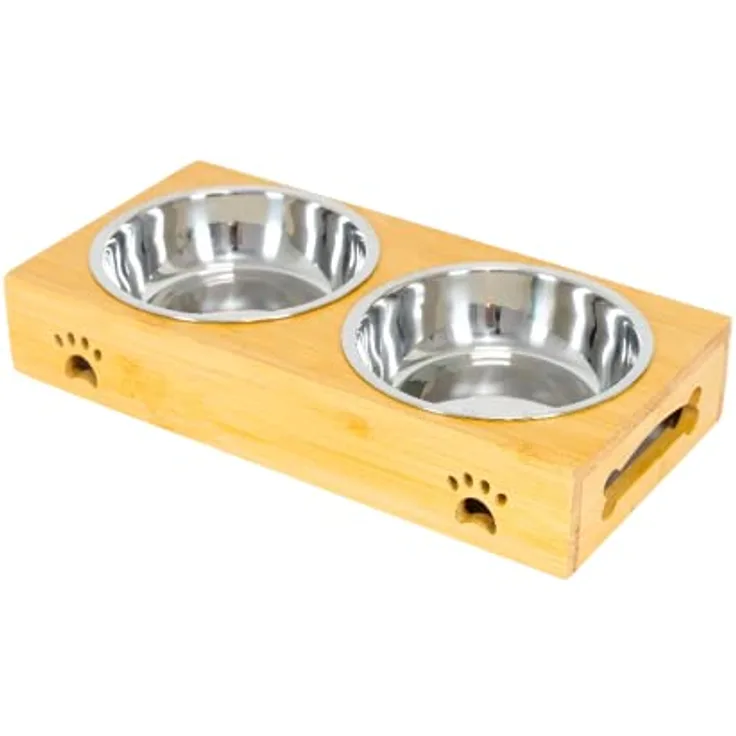 Edipets, Hundenapf, Katzennapf, Futternapf Katze Hund, Doppel-Edelstahlnapf, Rutschfester Bambusboden (Edelstahl, Doppel)