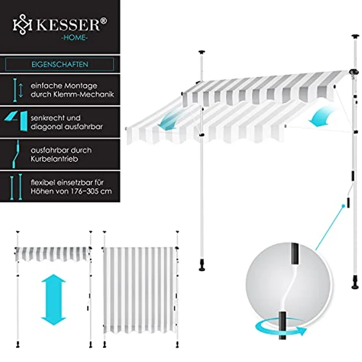 KESSER® Klemmmarkise mit Handkurbel Balkon, Balkonmarkise ohne Bohren, UV-beständig höhenverstellbar wasserabweisend, Sonnenschutz, Terrassenüberdachung, einfache Montage 200cm – Bild 2