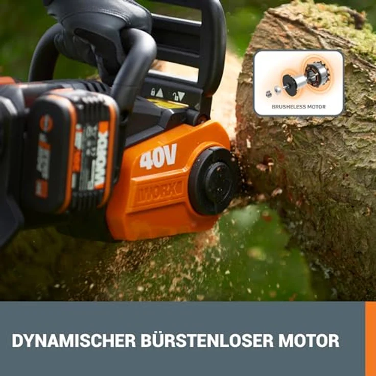 WORX 40V Akku Kettensäge WG384E, 2 x 2,0Ah, Powershare, Bürstenloser Motor, Werkzeugloses Kettenspannsystem, Schnellstopp-kettenbremse, Dual- ladegerät, 35cm Stablänge, 2 x 18V – Bild 3