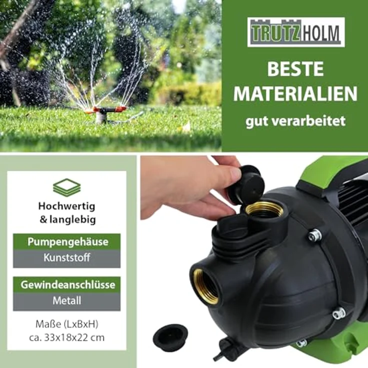 TRUTZHOLM Gartenpumpe 1000 W 3200 l/h Förderhöhe 44 m Förderdruck max. 4,4 bar 1" Anschluss Jetpumpe Druckpumpe Saugpumpe zur Gartenbewässerung, blau mit praktischem Handgriff und stabilem Pumpenfuß – Bild 3