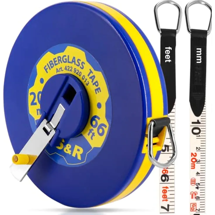 S&R Bandmaß Fiberglas 20m / 66 Ft, Breite 13mm, Rollmeter METER und ZOLL doppel Seiten markiert, Rollmaßband 20 m Maßmeter Kapselbandmass, schlagfestes ABS-Kunststoffgehäuse