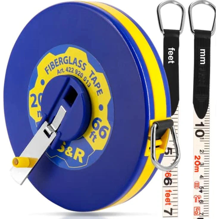 S&R Bandmaß Fiberglas 20m / 66 Ft, Breite 13mm, Rollmeter METER und ZOLL doppel Seiten markiert, Rollmaßband 20 m Maßmeter Kapselbandmass, schlagfestes ABS-Kunststoffgehäuse – Bild 1