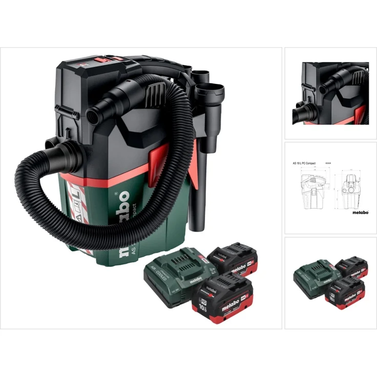 Metabo AS 18 L PC Compact Akku Sauger 18 V 6 l IPX4 Staubklasse L Nass und Trocken + 2x Akku 10,0 Ah + Ladegerät, Industriestaubsauger - blau
