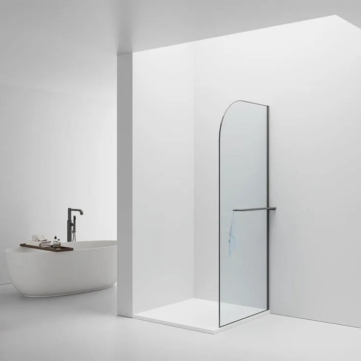 BELVIT Walk In begehbare Dusche 100x200cm, Klarglas grau abgerundet mit Handtuchhalter und Aluminiumprofil