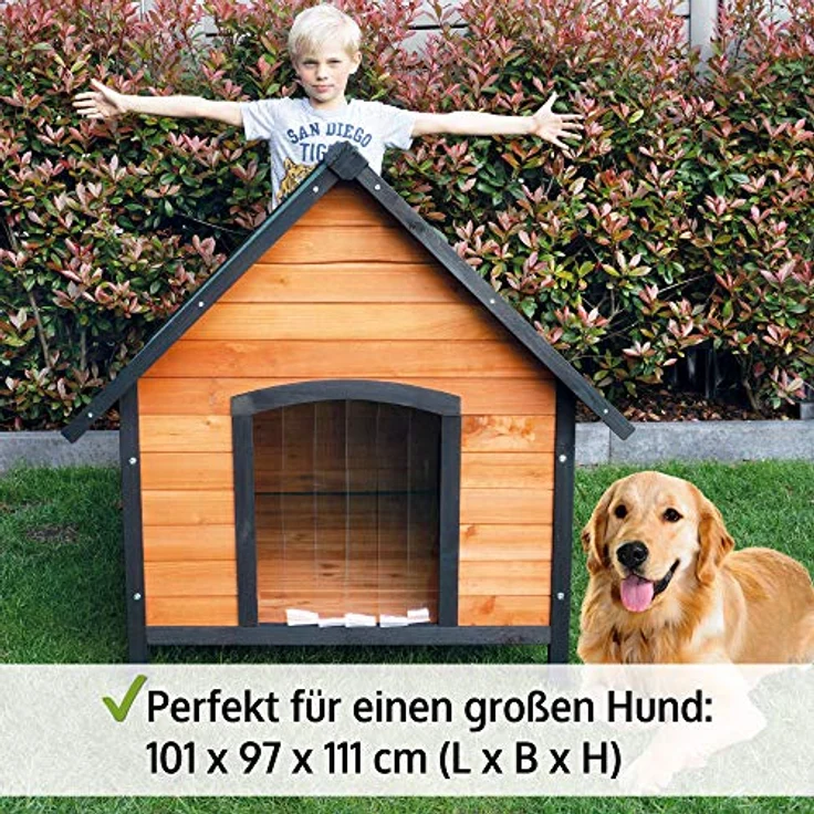 zooprinz Premium Hundehütte Luna - aus wetterfestem Vollholz, Dach zum Öffnen und Lamellentür - ideal für draußen - mit natürlicher Farbe gestrichen - Hundehaus Hundehütte XL, braun-schwarz – Bild 4