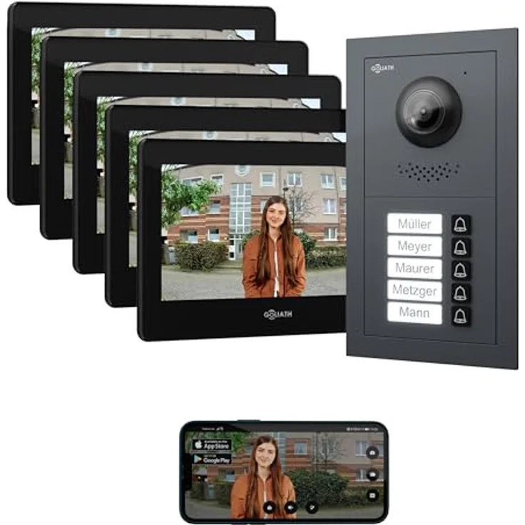 Goliath Intercom Video-Türsprechanlage Basic-Line, 2-Draht, 7-Zoll Monitor in Weiß/Schwarz, HD Kamera für 5-Familienhaus, App-fähig – Bild 1
