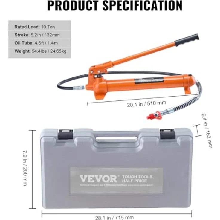 VEVOR Hydraulikzylinder Bausatz, tragbarer hydraulischer Wagenheber 10 t mit 1,4 m Ölschlauch, Autokarosserierahmen-Reparaturset im robusten Aufbewahrungskoffer, orange – Bild 7