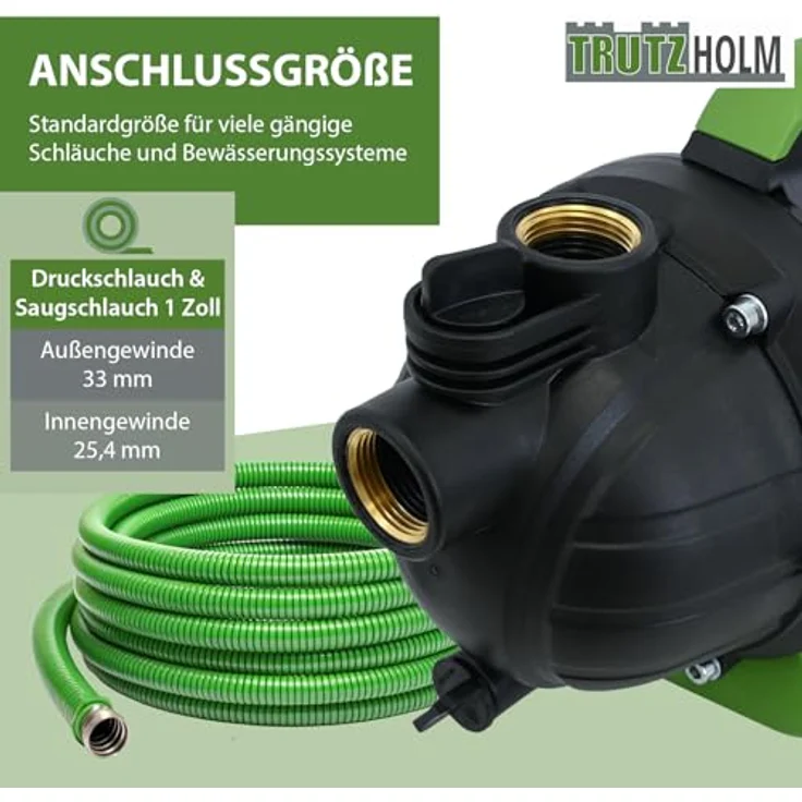 TRUTZHOLM Gartenpumpe 1000 W 3200 l/h Förderhöhe 44 m Förderdruck max. 4,4 bar 1" Anschluss Jetpumpe Druckpumpe Saugpumpe zur Gartenbewässerung, blau mit praktischem Handgriff und stabilem Pumpenfuß – Bild 5