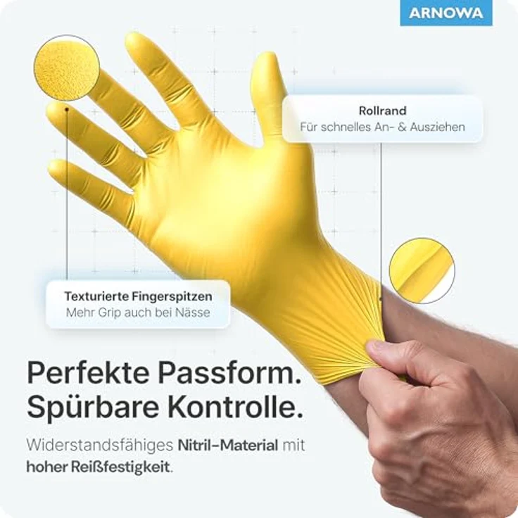 ARNOMED Nitril Einweghandschuhe Gelb, 1000 Stk (10x100), puderfrei, latexfrei, hautfreundlich, für Hygiene & Medizin, Größen XS, S, M, L, XL – Bild 2