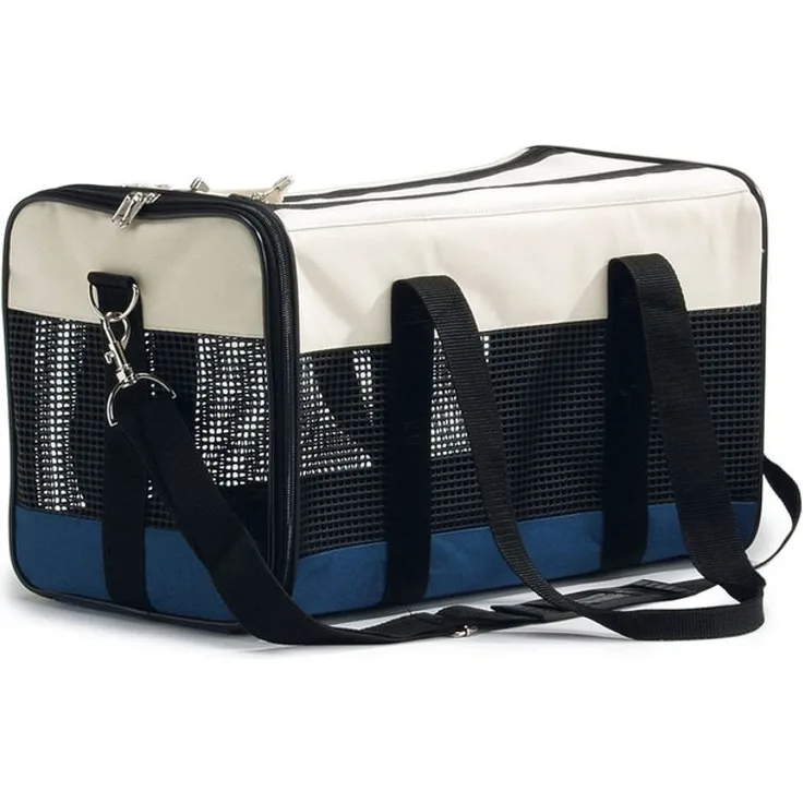 Beeztees Tiertransportbox tragbare Reisetasche aus Nylon für Katzen creme/blau 43 x 25 x 27 cm mit Schultergurt und Belüftung