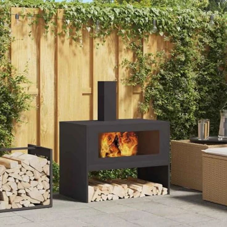 vidaXL Feuerstelle Schwarz 80 x 50 x 96 cm, Kaltgewalzter Stahl, moderne Garten- und Terrassenheizung mit offenem Design – Bild 3