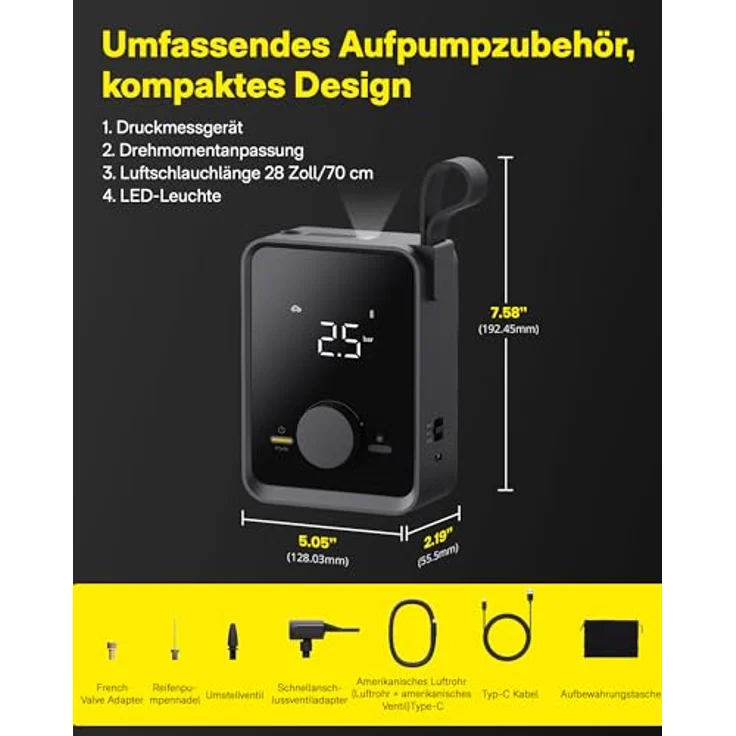 HOTO Elektrische Luftpumpe Pro 120PSI Akku Luftpumpe Fahrrad, Mini Kompressor mit 7500mAh Akku, Wiederaufladbarer Fahrradpumpe Elektrisch mit Digitale Anzeige LED Licht 5 Modi, Schwarz – Bild 5