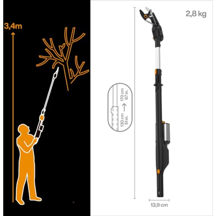 Fiskars Akku-Teleskop-Astschere Bypass, Sologerät für Äste bis 32 mm Durchmesser, ohne Akku und Ladegerät – Bild 2