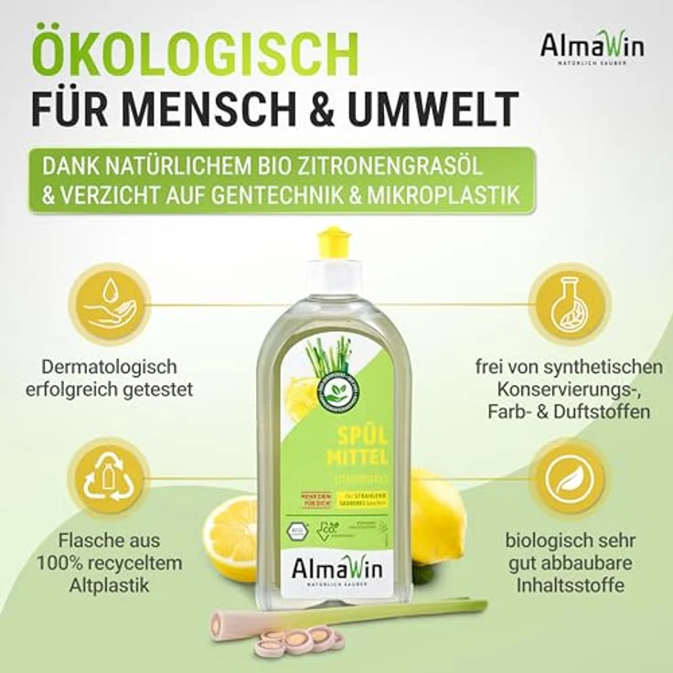 Almawin Spülmittel Zitronengras 500ml, hochkonzentriertes Geschirrspülmittel mit frischem Zitrusduft, klimaneutral und vegan – Bild 4