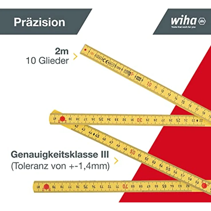 Wiha Gliedermaßstab Longlife Plus 2 m metrisch, 10 Glieder Mit Metallenden. (27055) gelb - Preisvergleich – Bild 2