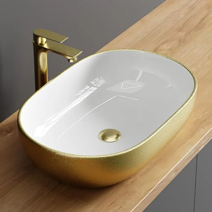 Planetmöbel Aufsatzwaschbecken Aquil Deluxe, ovales Keramikwaschbecken, 60 cm, gold, für Waschtisch ohne Hahnloch und Überlauf – Bild 1